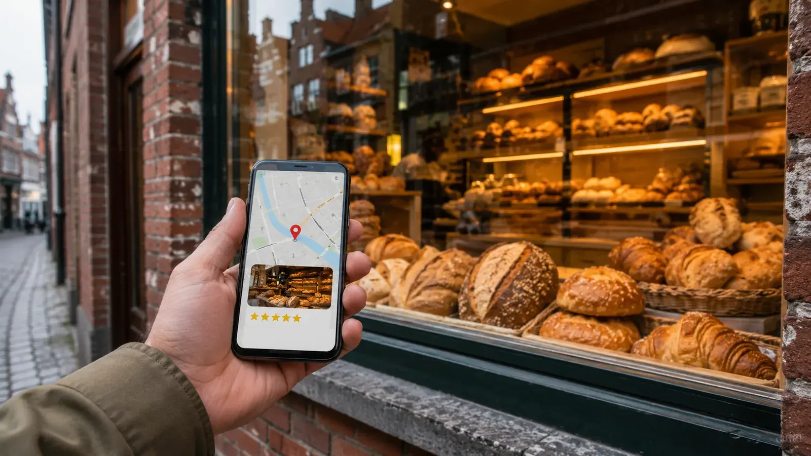 Hand mit Smartphone vor dem Schaufenster einer Bäckerei in einer norddeutschen Altstadt — auf dem Display Google Maps mit Pin und Fünf-Sterne-Bewertung
