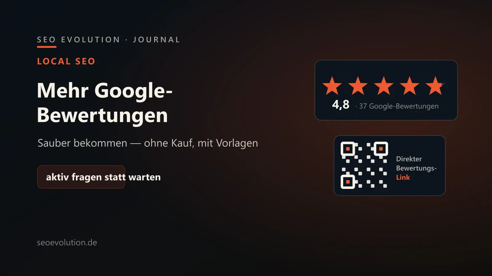 Titelgrafik von seoevolution.de zu Google-Bewertungen mit einer Fünf-Sterne-Leiste und einem QR-Code für den direkten Bewertungs-Link