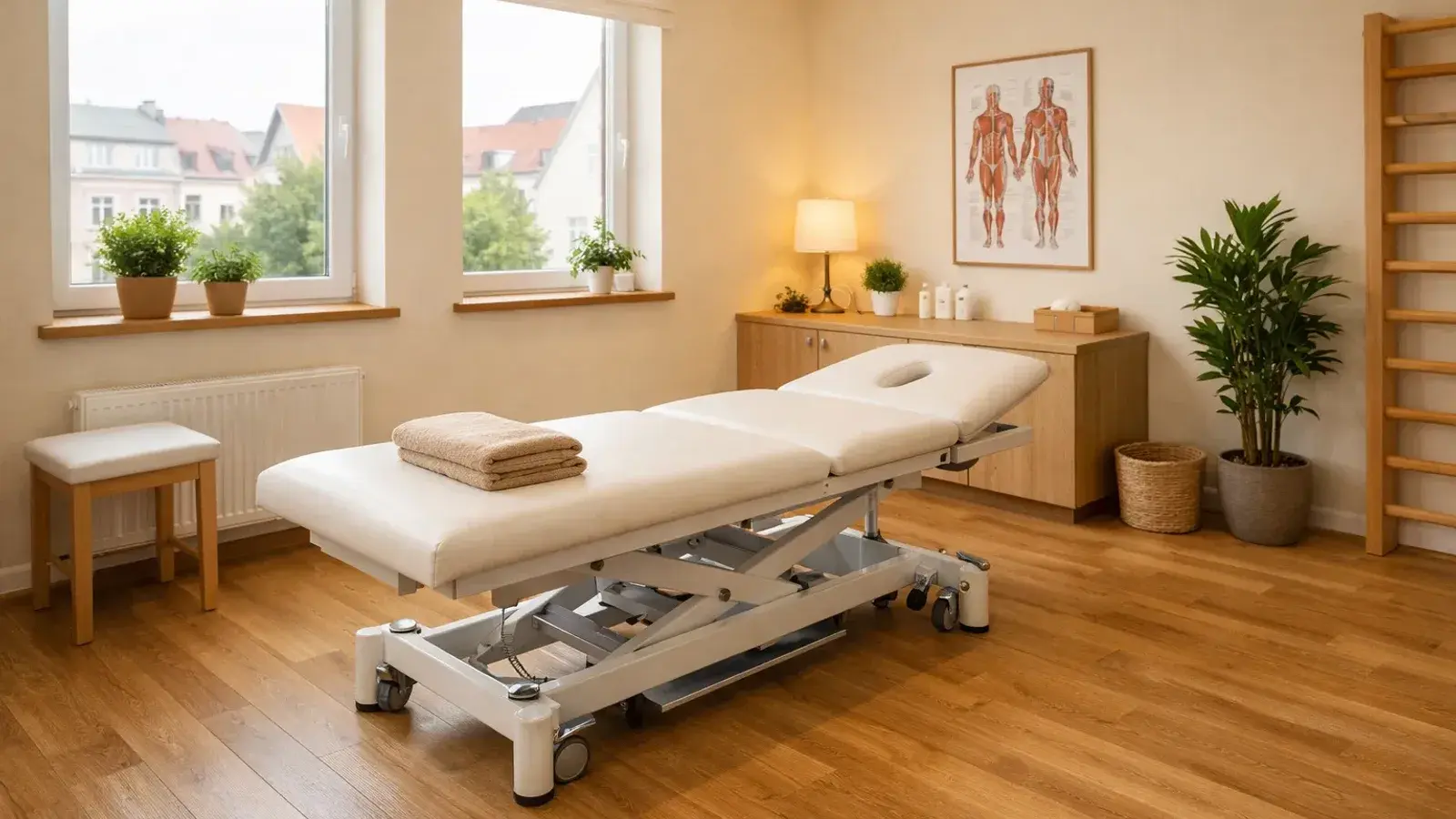 Heller Behandlungsraum einer Physiotherapie-Praxis mit Liege, Anatomie-Poster und Sprossenwand — einladend wie eine gute Praxis-Website