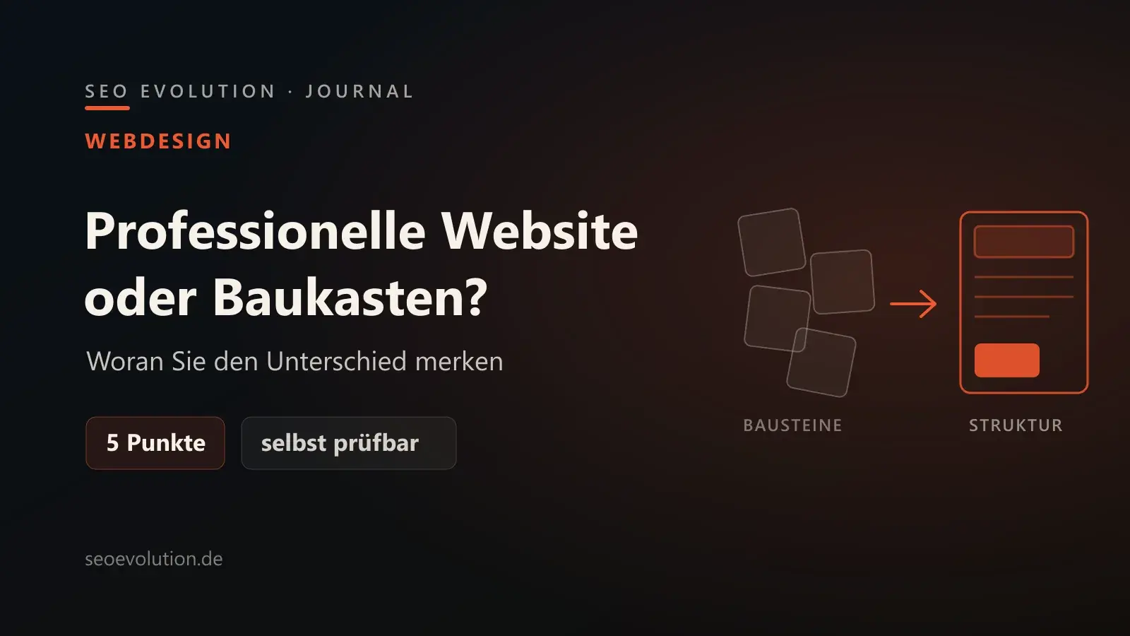 Cover von seoevolution.de: lose Bausteine gegenüber einem strukturierten Website-Layout auf dunklem Marken-Hintergrund