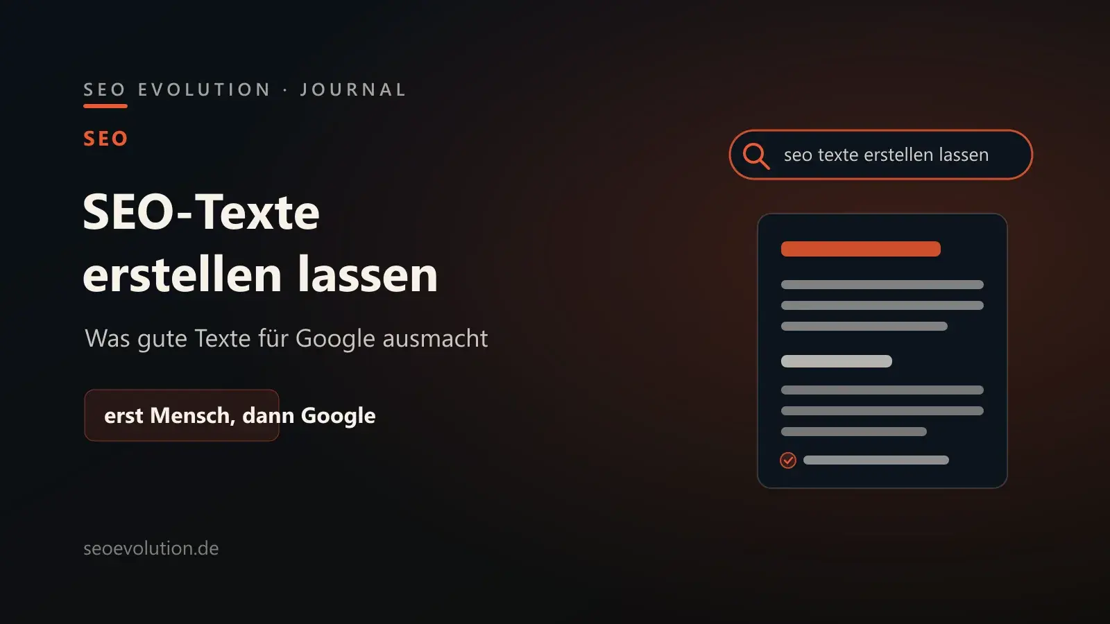 Titelgrafik von seoevolution.de zu SEO-Texten mit einem Textdokument und einer Google-Suchleiste nebeneinander