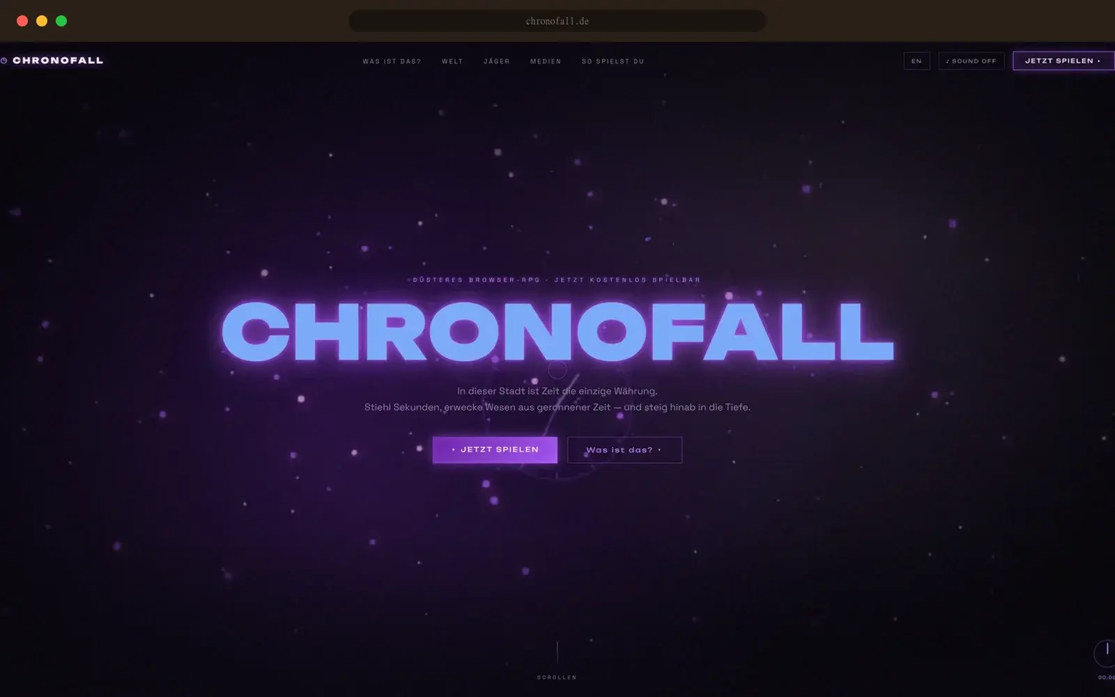 Neon-Hero der CHRONOFALL-Landingpage — ein düsteres Browser-RPG