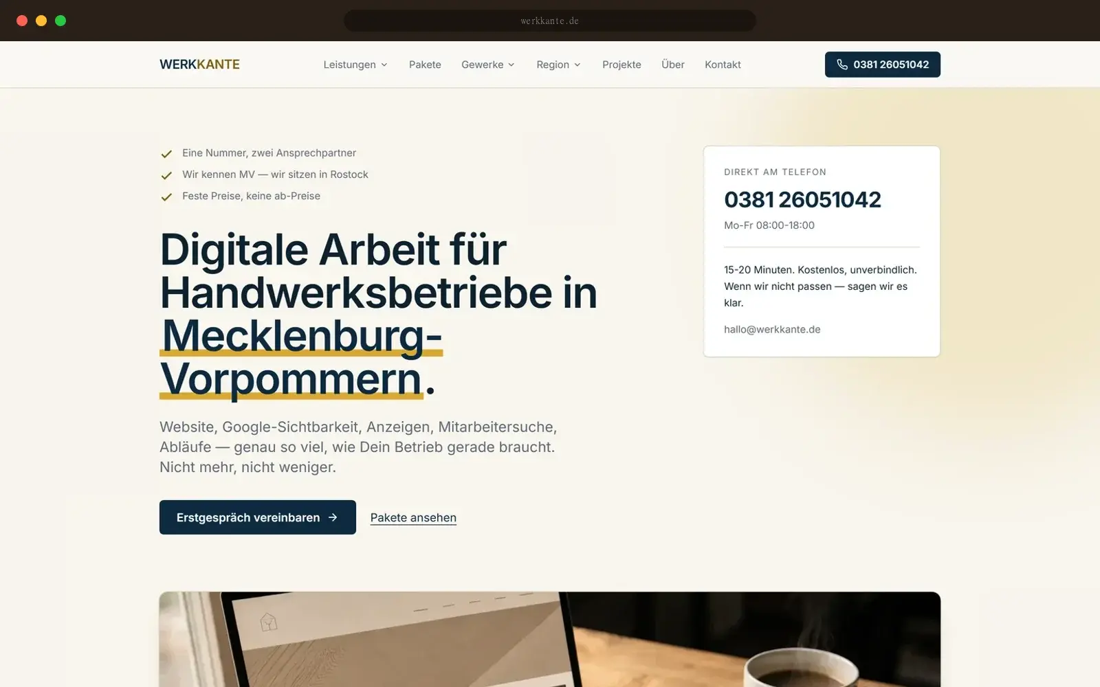 Startseite der Werkkante-Website für Handwerksbetriebe in Mecklenburg-Vorpommern