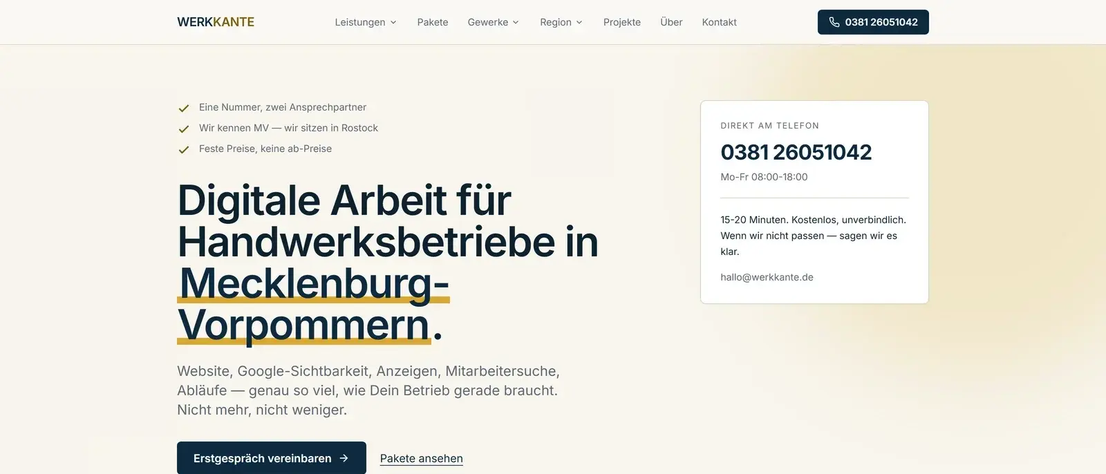 Ausschnitt der Werkkante-Startseite mit Telefon-Kontaktkarte und Handwerks-Positionierung