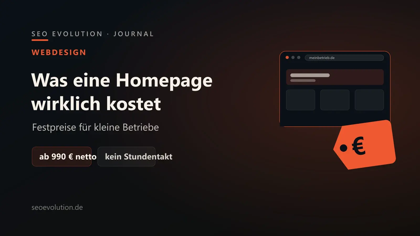 Titelgrafik von seoevolution.de zu den Kosten einer Homepage mit Preisschild und Euro-Symbol neben einem Browser-Fenster