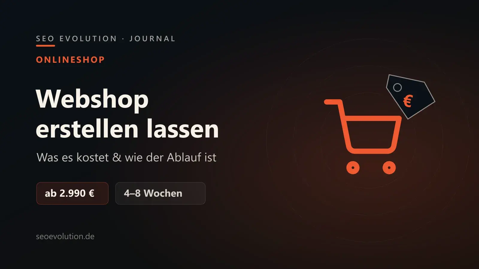 Titelgrafik von seoevolution.de zum Thema Webshop erstellen lassen mit Preisschild und Warenkorb-Symbol auf dunklem Hintergrund
